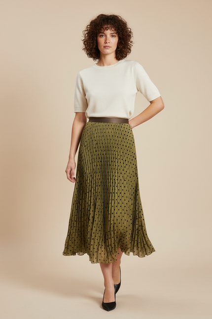 Jupe Longue Kaki À Pois Plissée Élégante