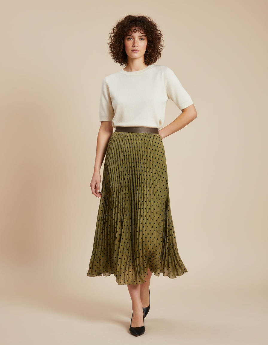 Jupe Longue Kaki À Pois Plissée Élégante