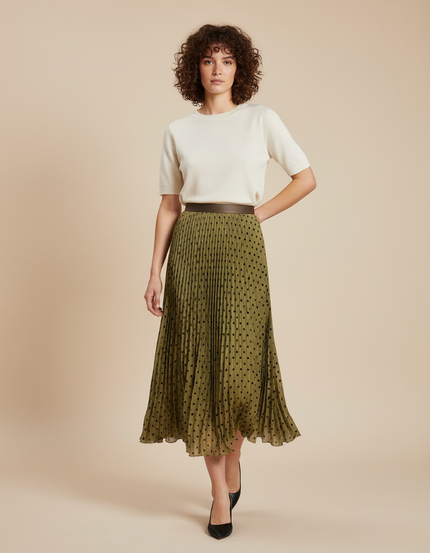 Jupe Longue Kaki À Pois Plissée Élégante