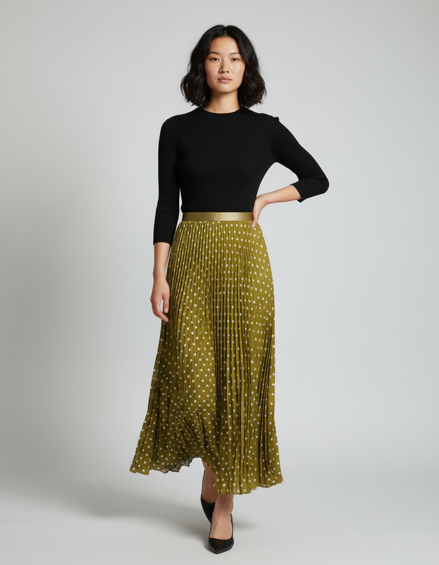 Jupe Longue Plissée Pois Élégante Mode