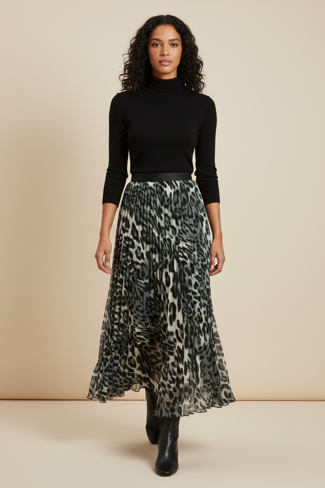 Jupe Longue Plissée Léopard Élégante