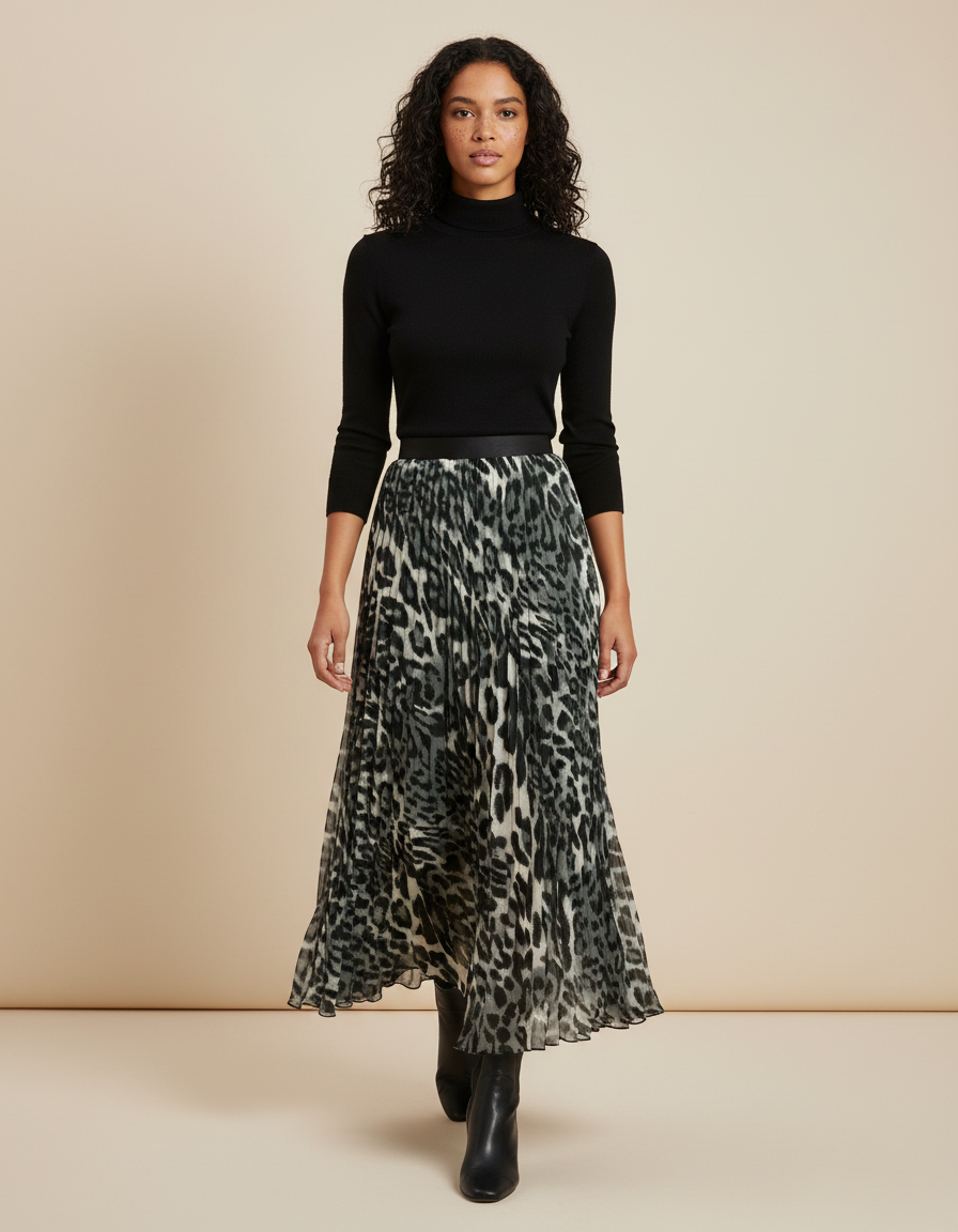 Jupe Longue Plissée Léopard Élégante