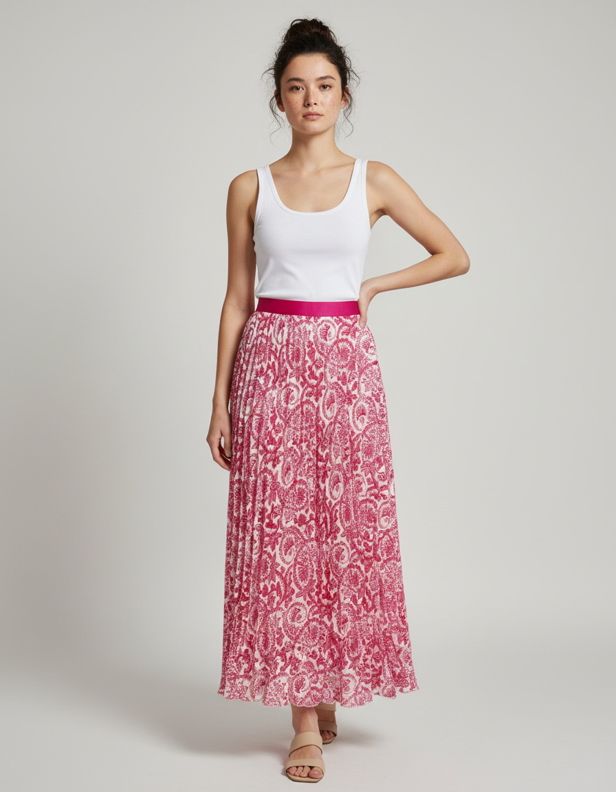 Jupe Longue Plissée Motif Cachemire Fluide