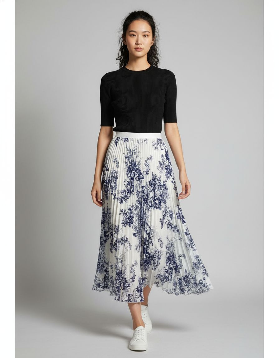 Jupe Longue Plissée Fleurie Élégante