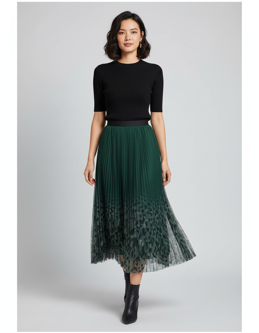 Jupe Longue Plissée Vert Sapin