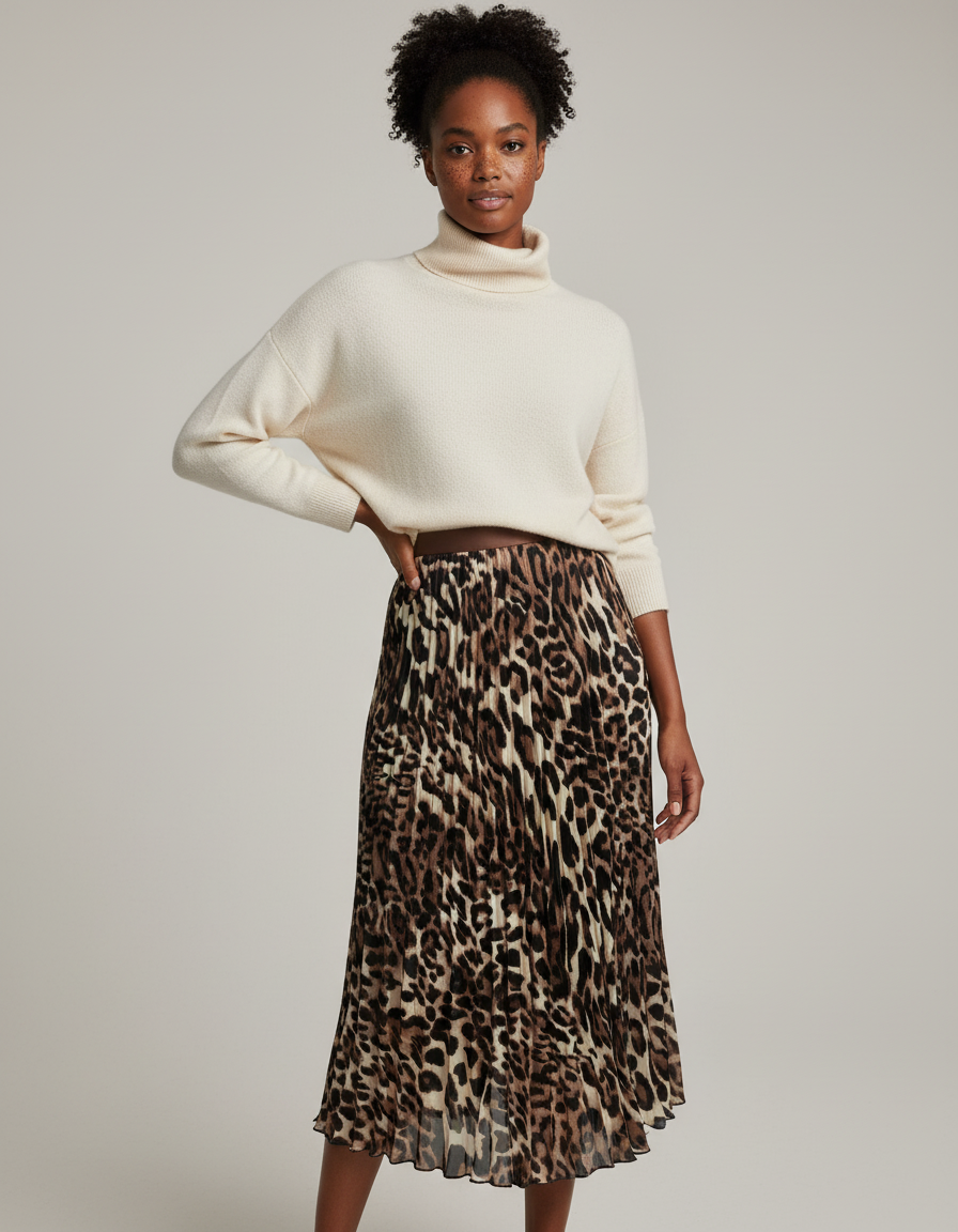 Jupe Longue Imprimé Léopard Plissée Chic