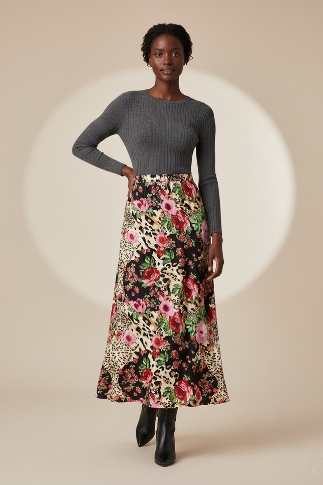 Jupe Longue Noire Fleurie