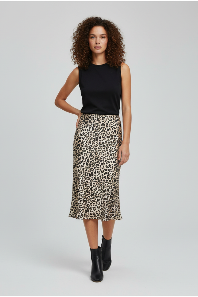 Jupe Longue Imprimé Léopard Satin Fluide