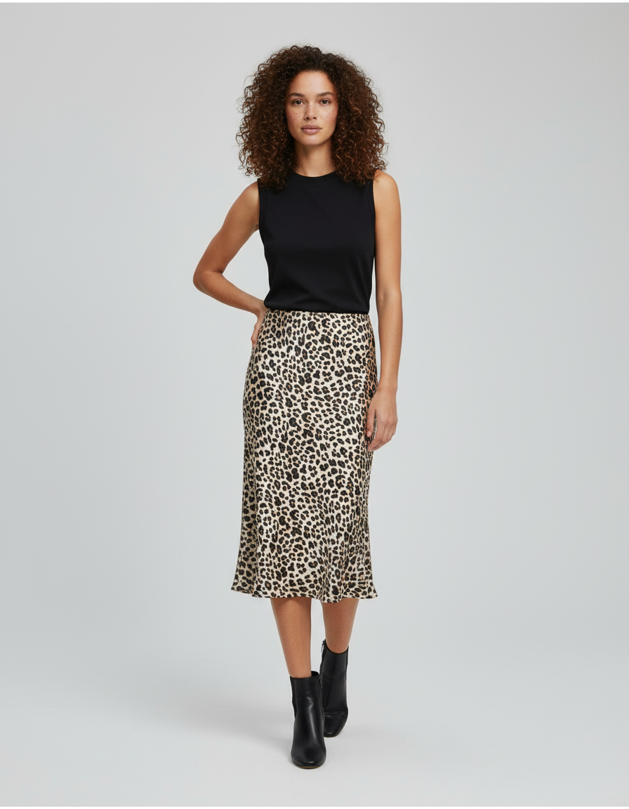 Jupe Longue Imprimé Léopard Satin Fluide