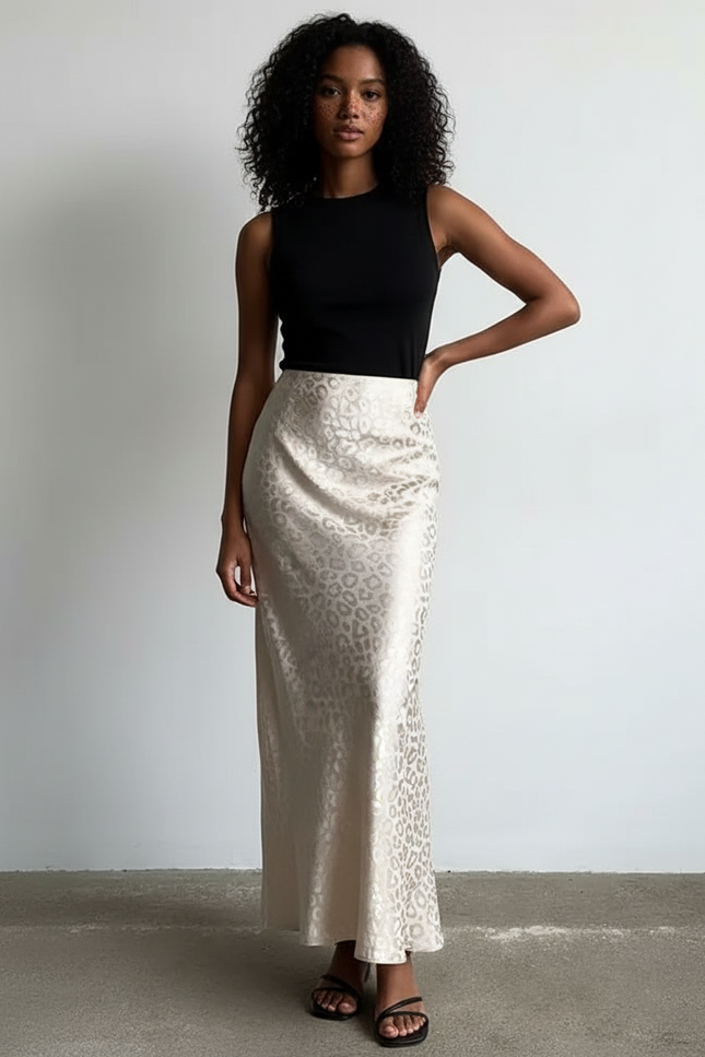 Jupe Longue Crème Léopard Élégante