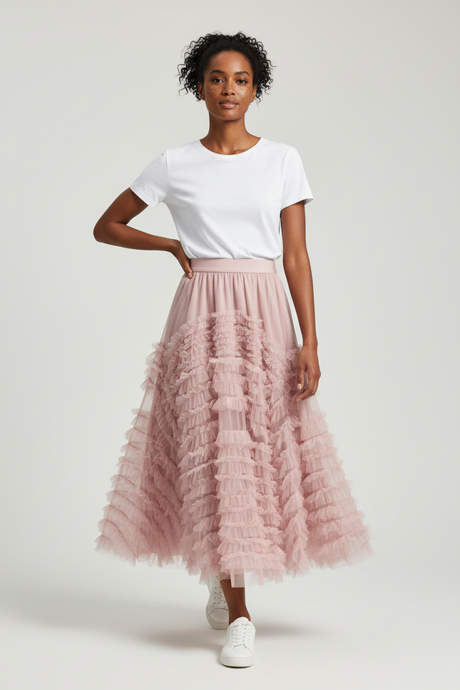 Jupe Longue Tulle Rose Pale