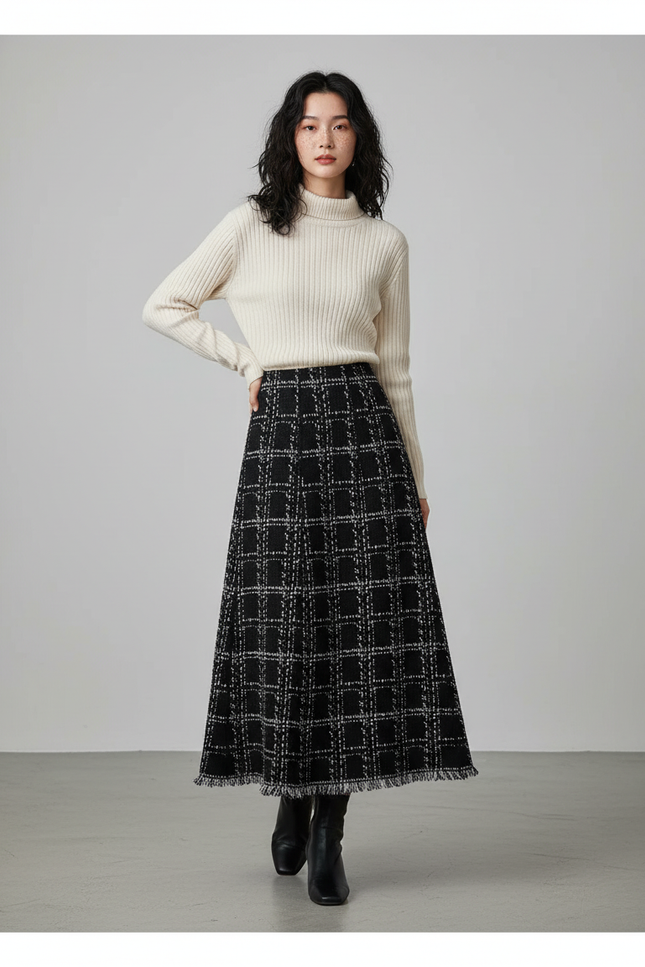Jupe Longue Noire Carreaux Franges Chic
