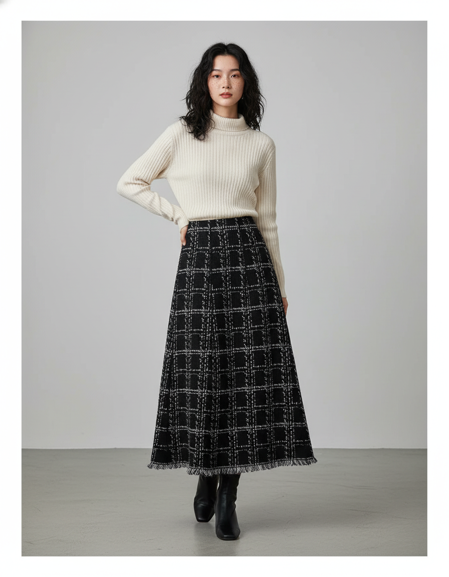 Jupe Longue Noire Carreaux Franges Chic