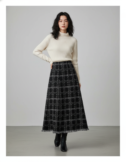 Jupe Longue Noire Carreaux Franges Chic