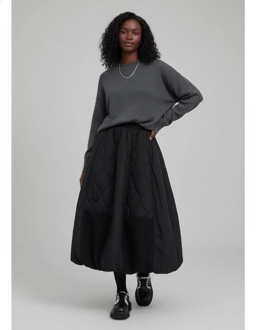 Jupe Longue Noire Matelassée Oversize