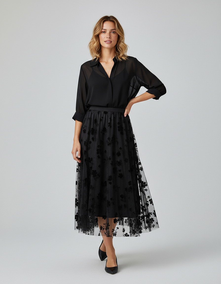 Jupe Longue Voile Noir Transparent