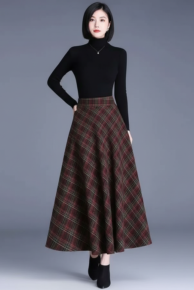 Jupe Longue Plaid Laine Élégante