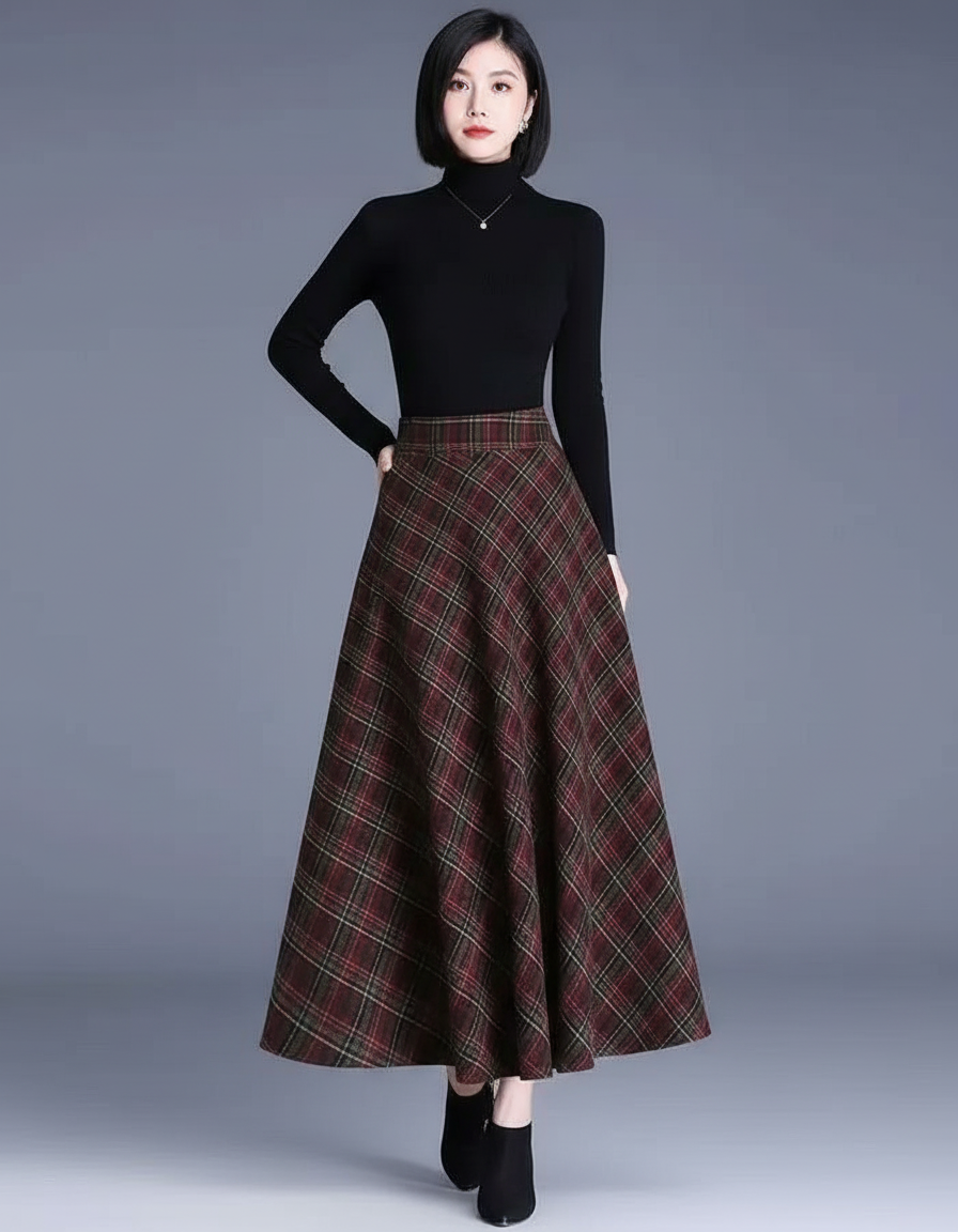 Jupe Longue Plaid Laine Élégante