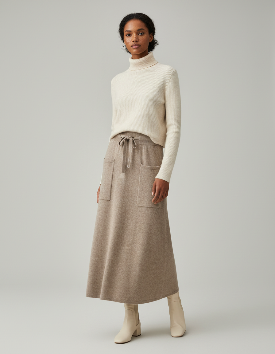 Jupe Longue Beige Maille Élégante