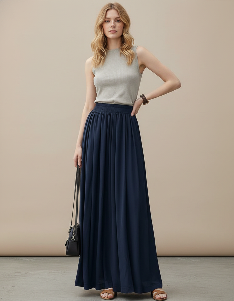 Jupe Longue Bleu Marine Fluide Chic