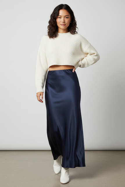 Jupe Longue Satin Bleu Marine