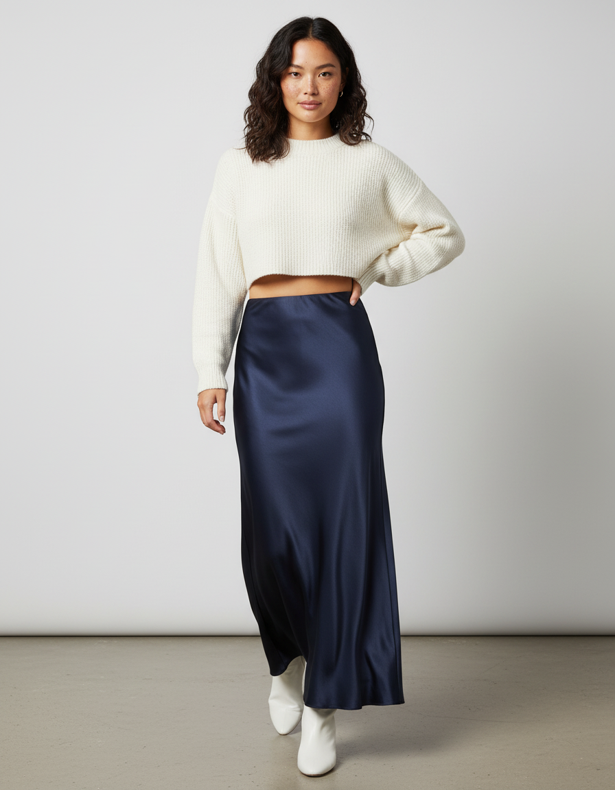 Jupe Longue Satin Bleu Marine