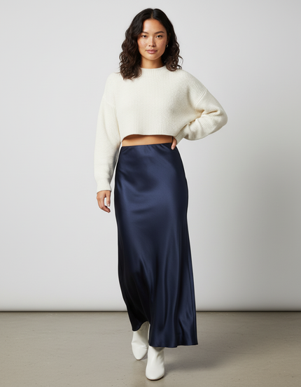 Jupe Longue Satin Bleu Marine