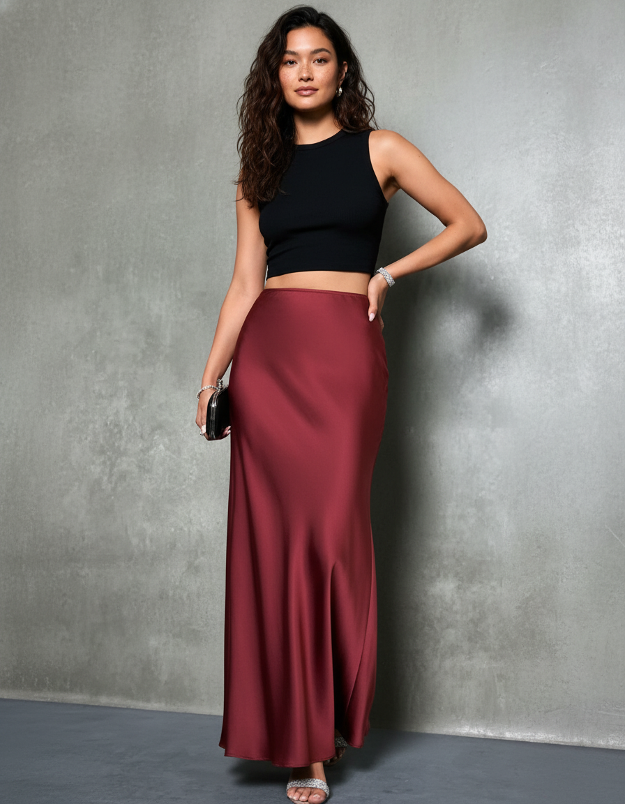 Jupe Longue Satin Bordeaux Fluide