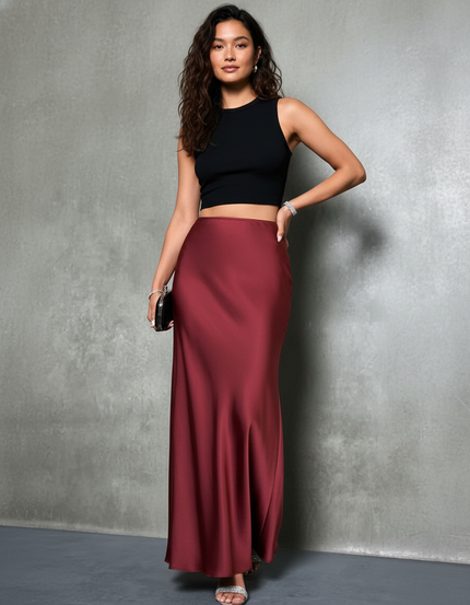 Jupe Longue Satin Bordeaux Fluide