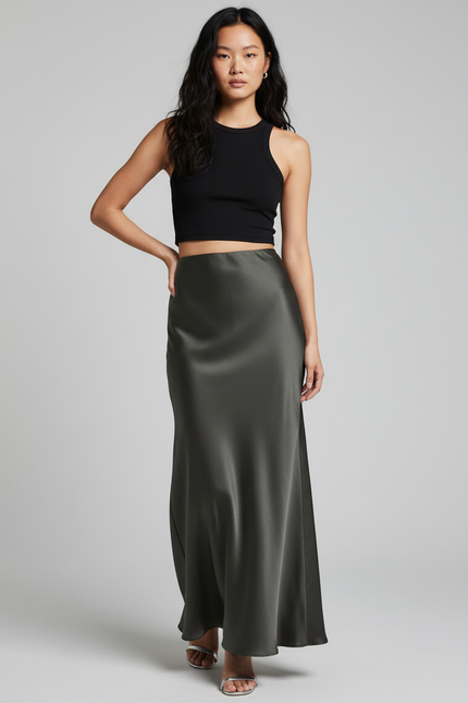 Jupe Longue Gris Satiné Chic