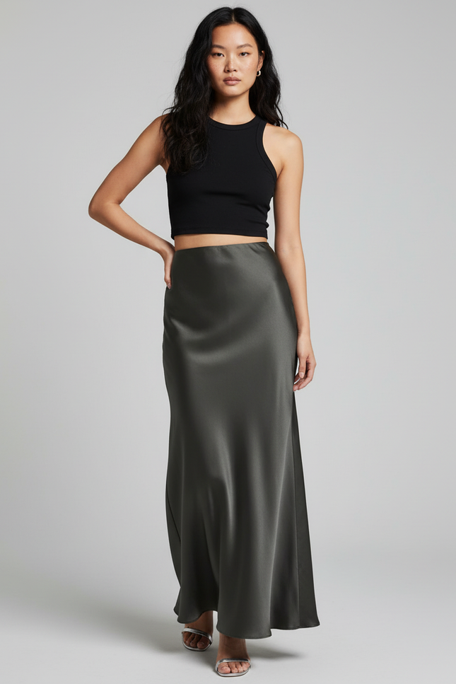Jupe Longue Gris Satiné Chic
