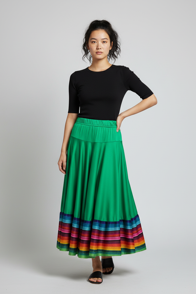 Jupe Longue Verte Fluide Rayures Colorées