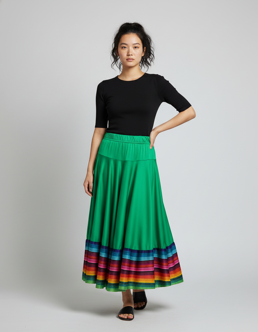 Jupe Longue Verte Fluide Rayures Colorées