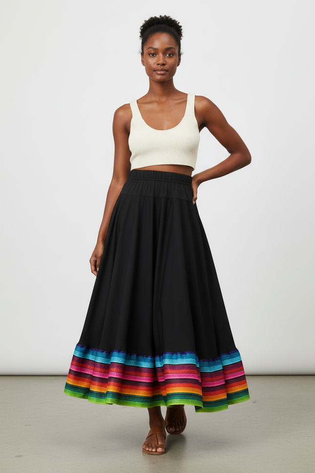 Jupe Longue Noire Rayures Colorées Fluide