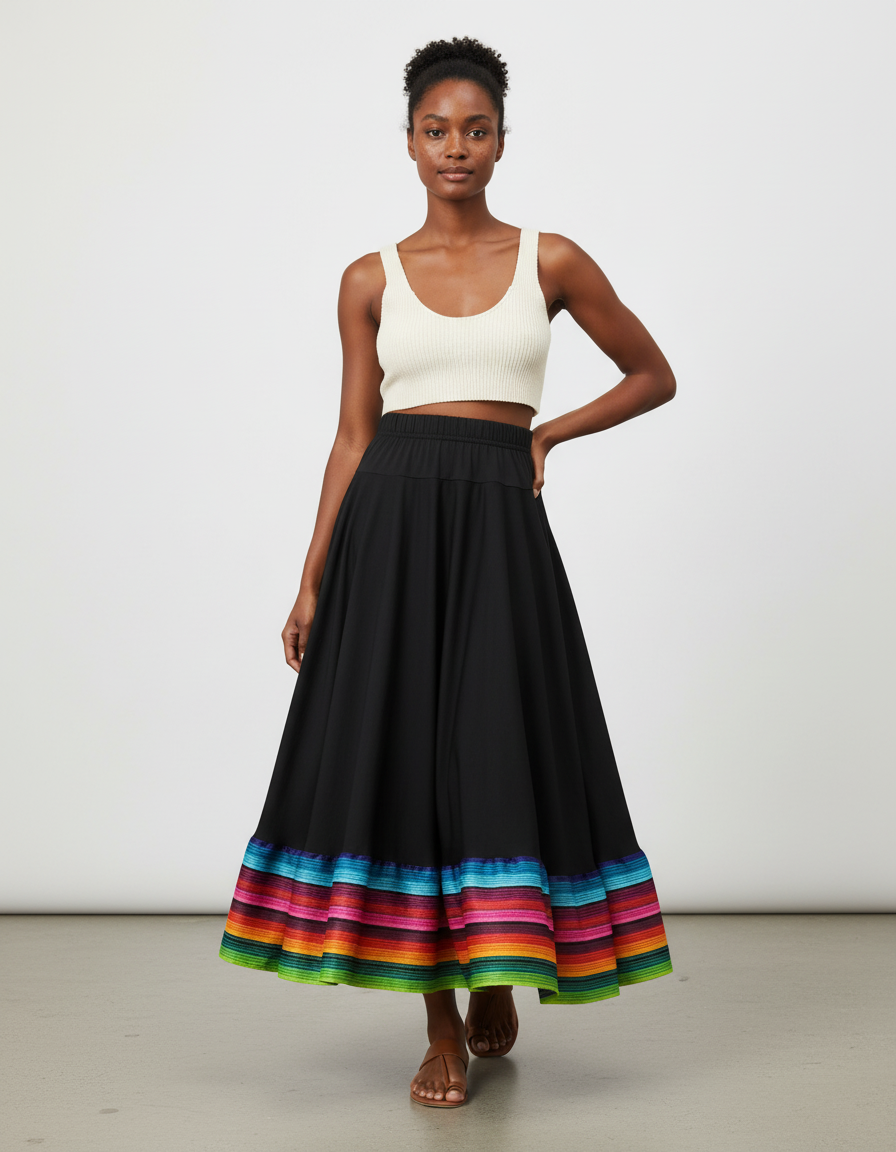 Jupe Longue Noire Rayures Colorées Fluide