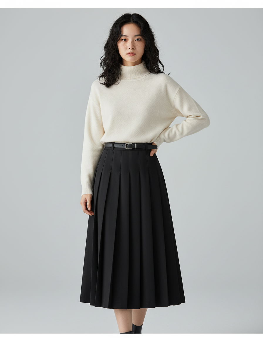 Jupe Longue Noire Plissée A-Line