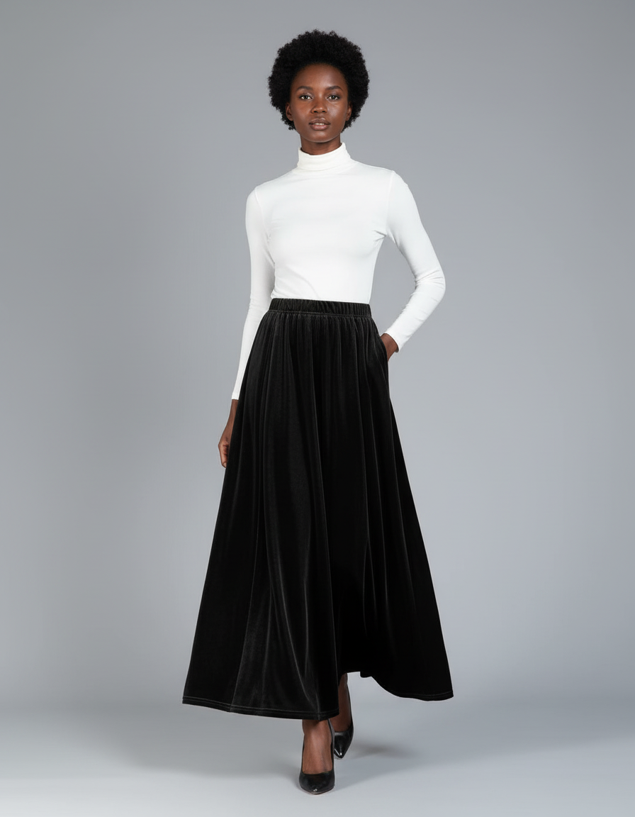 Jupe Longue Velours Noir Élégante