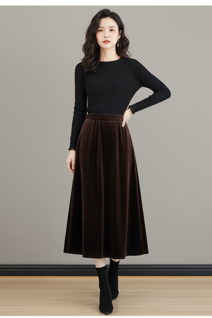 Jupe Longue Velours Marron Élégante