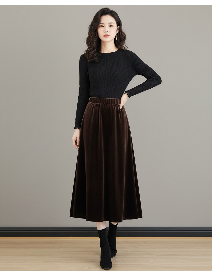 Jupe Longue Velours Marron Élégante