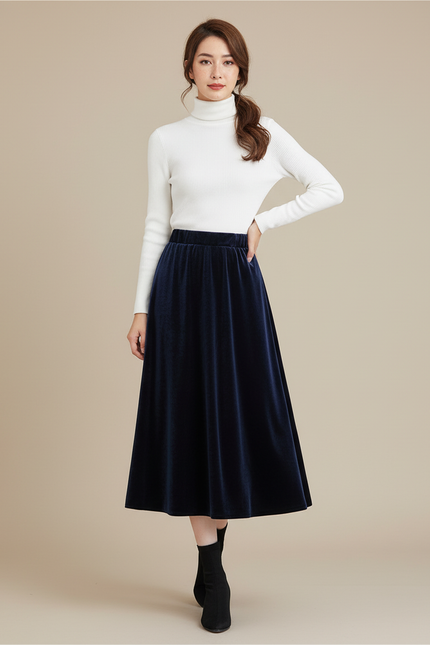 Jupe Longue Velours Bleu Nuit Élégante