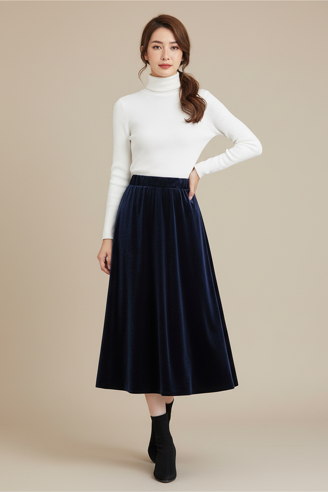 Jupe Longue Velours Bleu Nuit Élégante