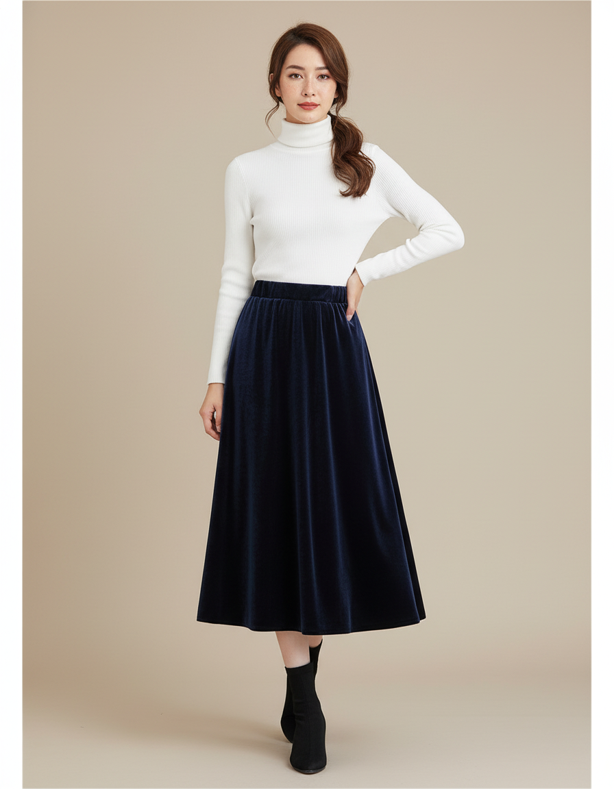 Jupe Longue Velours Bleu Nuit Élégante