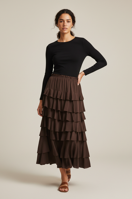 Jupe Longue Marron À Volants Fluide