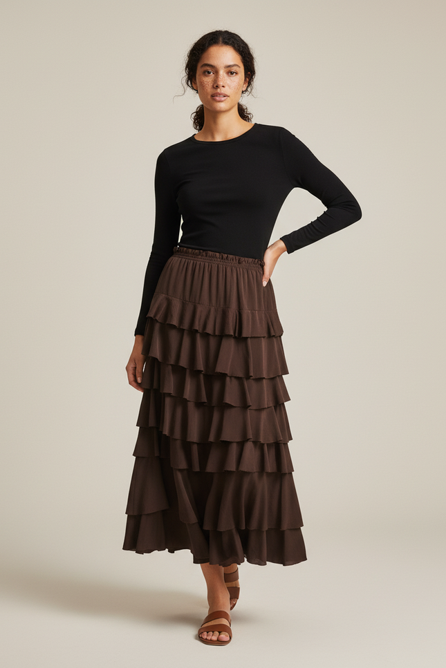 Jupe Longue Marron À Volants Fluide