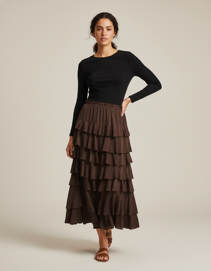 Jupe Longue Marron À Volants Fluide