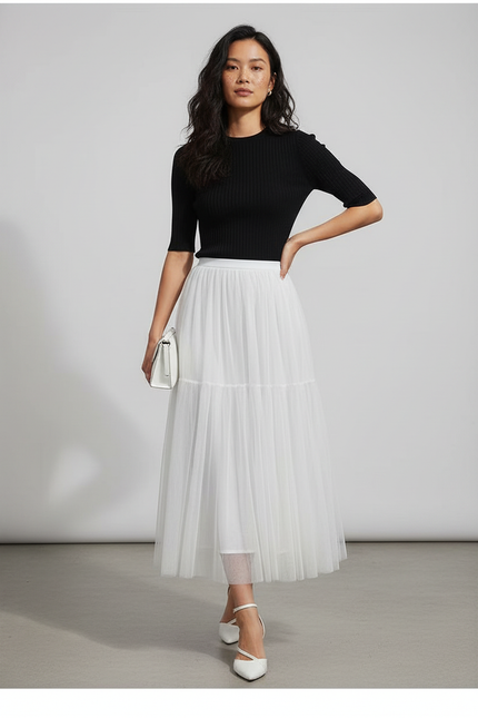 Jupe Longue Blanche Tulle Plissée