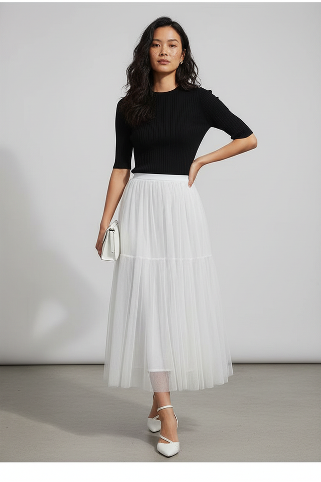 Jupe Longue Blanche Tulle Plissée