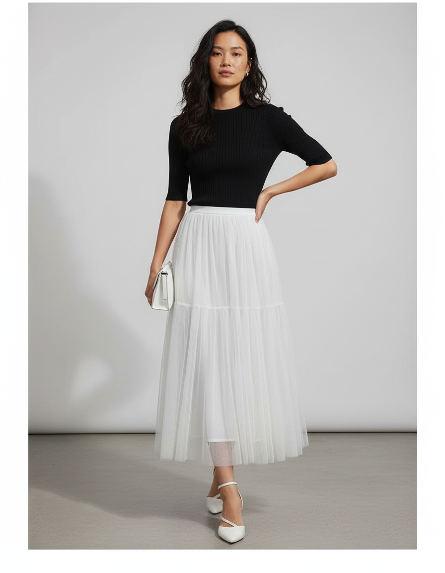 Jupe Longue Blanche Tulle Plissée