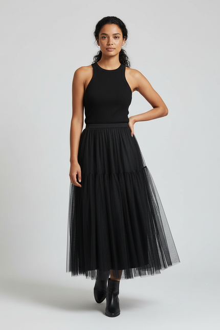 Jupe Longue Noire Tulle Plissée