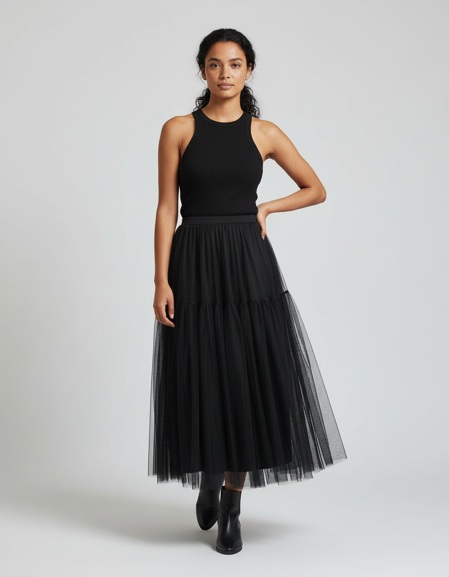 Jupe Longue Noire Tulle Plissée